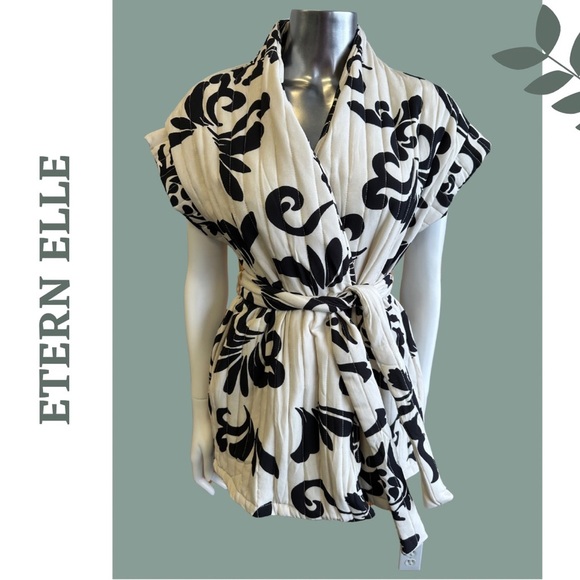 Etern Elle Black and White Patterned Vest Quilted Tie Waist Cap Sleeve small med - Picture 3 of 8